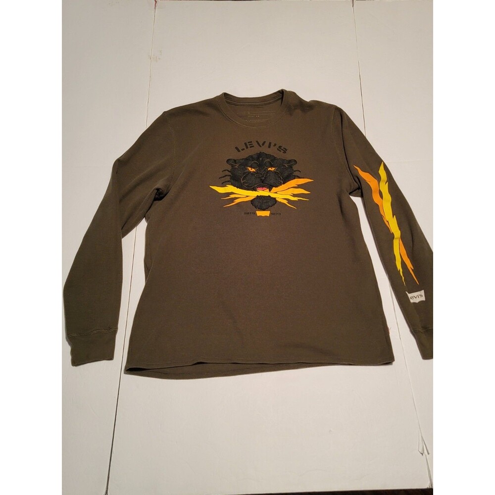 (#16) Levis Mens L Olive Green Waffle Knit Thermal Panther Lightning Bolt Shirt